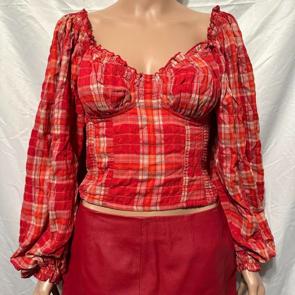 Free People Cherry Bomb Madras Plaid Crop Long Balloon Sleeve Top size S